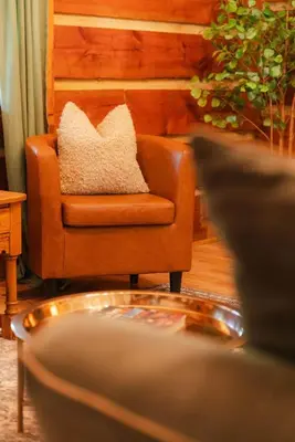a brown chair with a pillow in a living room at Outdoors Sleeps7 Family Getaway Fun Arcade Villa in Rockbridge