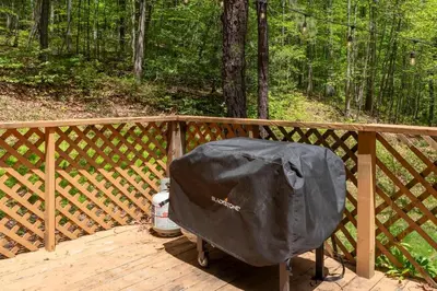 a wooden deck with a cover on top of it at Outdoors Sleeps7 Family Getaway Fun Arcade Villa in Rockbridge
