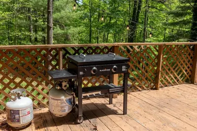 a grill on a deck on a wooden fence at Outdoors Sleeps7 Family Getaway Fun Arcade Villa in Rockbridge