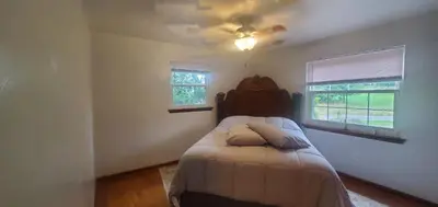 a bedroom with a bed with a ceiling fan and two windows at Cottage in the Woods in Washington