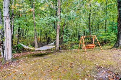 a hammock and a bench in the woods at Hot Tub Haven 10 Mi to Hocking Hills State Park! in Amanda