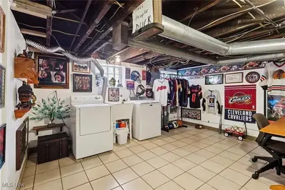 a room filled with lots of signs on the wall at The Boulevard Stay in Cleveland