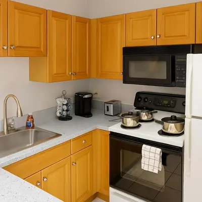 a kitchen with wooden cabinets and a stove with two pots at Bright Urban Retreat-Steps to CSU & Theater Dstrct in Cleveland