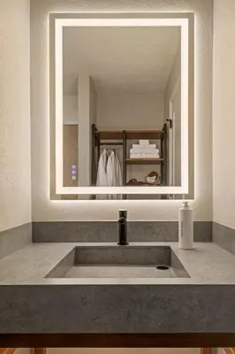 a bathroom sink with a large mirror above it at The Amaya - 21 and older only in Fort Wayne