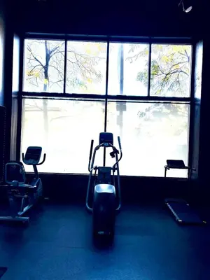 a gym with two chairs and a large window at Spacious Loft with Fireplace - near CSU, Playhouse, Progressive field, R&R Hall of Fame with Gym & Sauna and Sleeps 12 in Cleveland