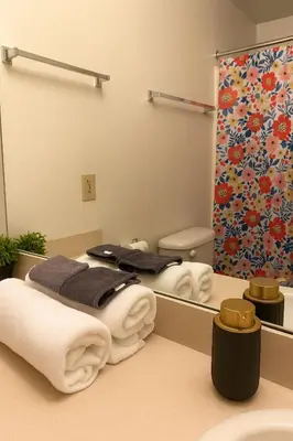 a bathroom with towels and a mirror at Spacious Loft with Fireplace - near CSU, Playhouse, Progressive field, R&R Hall of Fame with Gym & Sauna and Sleeps 12 in Cleveland
