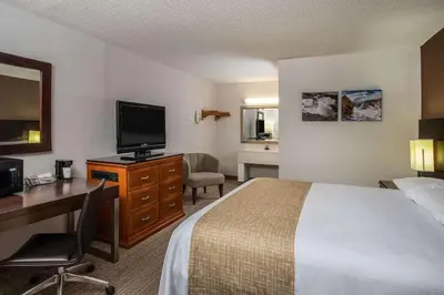 a hotel room with a bed and a desk and a television at Three Rivers Motel in Fort Wayne