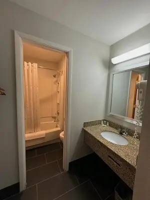 a bathroom with a sink and a shower at 1734 West Hotel in Fort Wayne