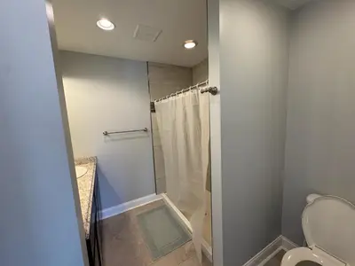 a bathroom with a shower and a toilet at Large Family Gathering Home on Kelleys Island in Kelleys Island