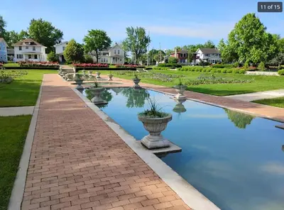 a row of water fountains in a park at Historic 2 Bdr across from Lakeside Park in Fort Wayne
