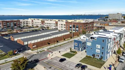 an overhead view of a city with buildings and a street at Family Fun Near Cedar Point - Rooftop Lake Views in Sandusky