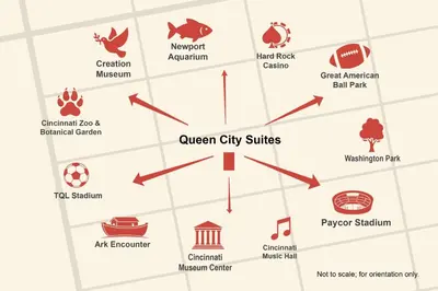 a map of the current city sites at Queen City Suites - For 7 in Cincinnati