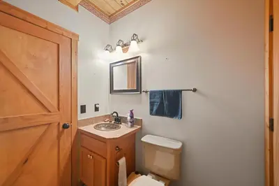 a bathroom with a toilet and a sink at Sprinkle Bottom Lodge- 12 Acre Cabin, Pond, AC, Heating & Pet Friendly