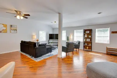 a living room with a couch and a table at Peaceful Country Apt Extended Stays Welcome! in Pataskala