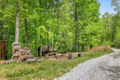 a pile of logs on the side of a road at Hot Tub & WiFi - Birdsong - Red River Gorge KY in Stanton