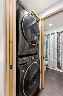 a microwave and a washer and dryer in a room at Hot Tub - Furnace Mountain Retreat - #RRG in Stanton
