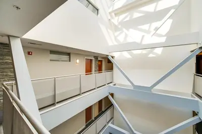 a view from the second floor of a building with a skylight at 3 Mi to Dtwn Cleveland Condo with Lake Erie Views! in Cleveland
