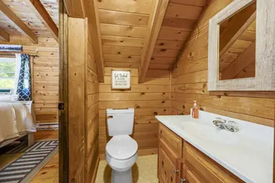 a bathroom with a toilet and a sink at Hot Tub WiFi Firepit HazelBrook Haven in Hazel Green
