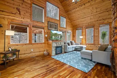 a living room with a couch and a fireplace at Hot Tub No Pet Fee Prime Location - Beary Cozy in Slade