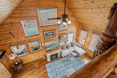 an overhead view of a living room in a log cabin at Hot Tub No Pet Fee Prime Location - Beary Cozy in Slade