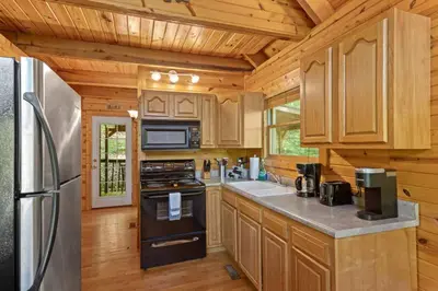 a kitchen with wooden cabinets and a stove and refrigerator at Hot Tub No Pet Fee - Beary Secluded - RRG in Slade