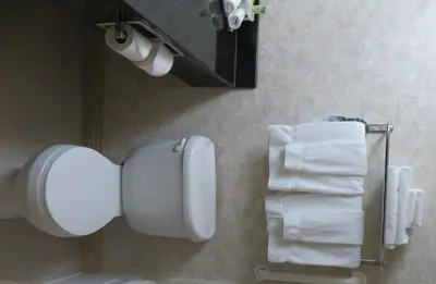 a bathroom with a toilet paper dispenser and towels at Holiday Inn Cleveland Clinic by IHG in Cleveland