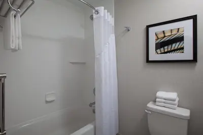 a bathroom with a white toilet and a shower at Holiday Inn Cleveland Clinic by IHG in Cleveland