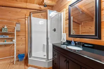 a bathroom with a shower and a sink at Pool Table WiFi Starry Mountain Night RRG in Stanton