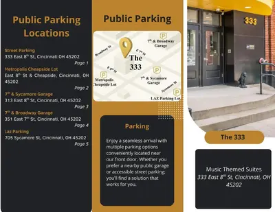 a flyer design for a public parking location at The 333 Suites 201 - Stay for 6 in Cincinnati