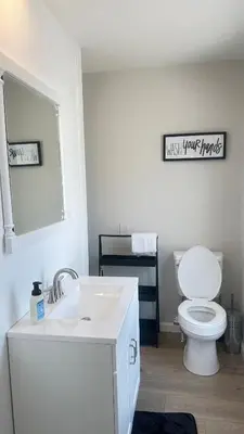 a bathroom with a toilet and a sink and a mirror at Modern House near OSU and Short North in Columbus