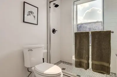 a bathroom with a toilet and a shower at 2 Mi to Ark Encounter! Walkable Williamstown Condo in Williamstown