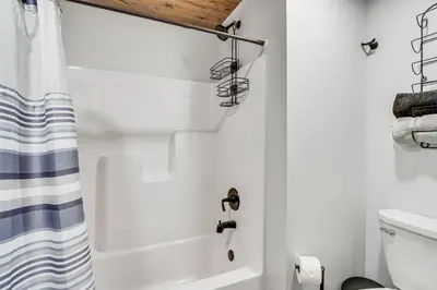 a bathroom with a shower curtain and a toilet at Chène Cottage Near Burr Oak Lake and Trailheads! in Glouster