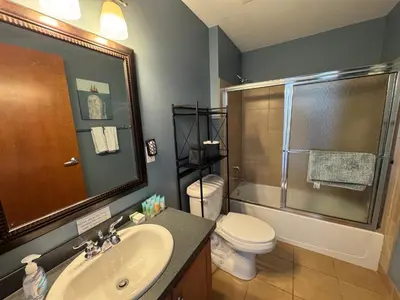 a bathroom with a sink and a toilet and a shower at Downtown Condo 5 Minutes to Cedar Point in Sandusky