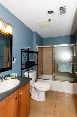 a bathroom with a toilet and a sink and a shower at Downtown Condo 5 Minutes to Cedar Point in Sandusky
