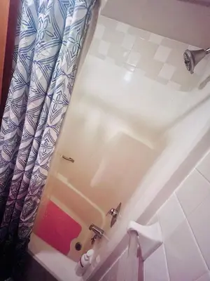 a bathroom with a tub with a shower curtain at Del La Rose in Clarksburg