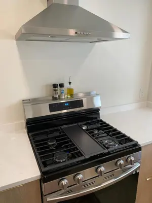 a stove top oven in a kitchen with a hood at Totally renovated large family getaway! King bed