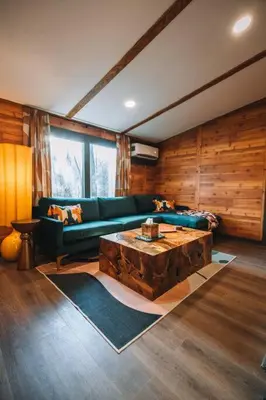a living room with a green couch and a coffee table at Emerald Edge Hocking Hills Midcentury Cabin & Hot Tub in South Bloomingville