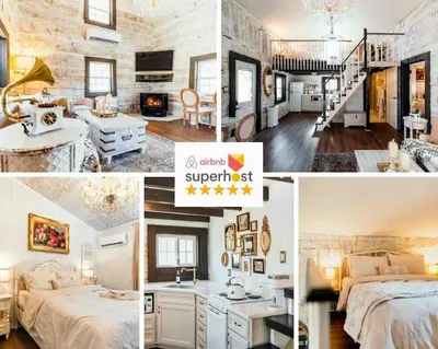 a collage of photos of a bedroom and a living room at Victorian French Cottage - Hot Tub in Hocking Hills in South Bloomingville