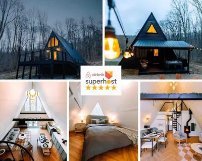 a collage of pictures of a tiny house at Secluded A-Frame Hocking Hills Hot Tub Fire Pit in South Bloomingville