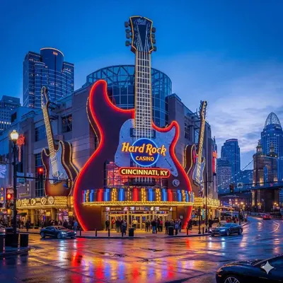 a large guitar on the front of a hard rock building at The 333 Suites 301 - Suite for 6 in Cincinnati