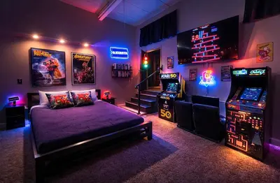a room with a bed and two video games at Radical 80's Getaway! A Blast From The Past! in Sandusky