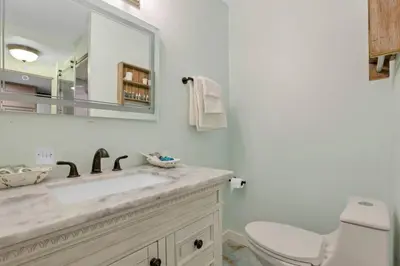 a bathroom with a sink and a toilet and a mirror at Canary Cottage in Thornville