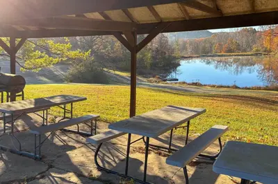 a picnic table and benches under a pavilion next to a lake at Lake Access and Hot Tub! Serene Rockbridge Cabin in Rockbridge
