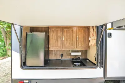 a kitchen in the back of an rv at Chestnut Camper in Lancaster