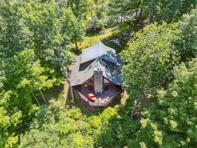 an overhead view of a house in the woods at Hike Away Hills in Logan