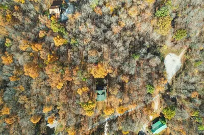 an overhead view of a forest with trees and buildings at Hike Away Hills in Logan