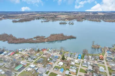 an aerial view of a city next to a body of water at Gone Fishin in Buckeye Lake