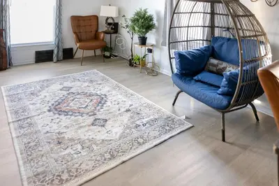 a swing chair and a rug in a living room at Euclid Near Lake Erie Cleveland king bed in Euclid