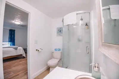 a white bathroom with a shower and a toilet at Grandma's Place - Steps from Downtown Sugarcreek in Sugarcreek