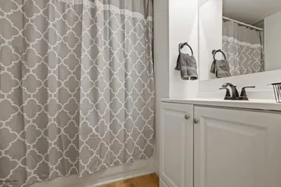 a bathroom with a shower curtain and a sink at Corporate Cottage on Circle in Thornville